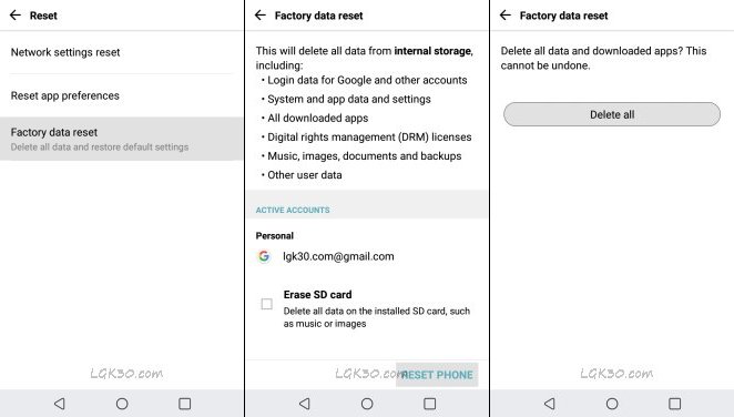 how to factory data reset lg k30