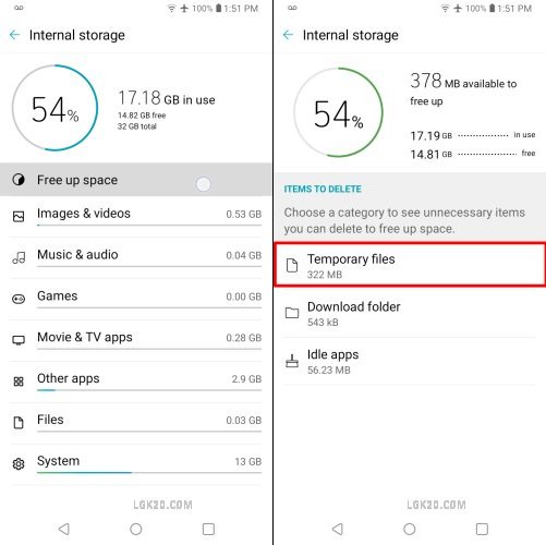 lg k40 storage space running out 