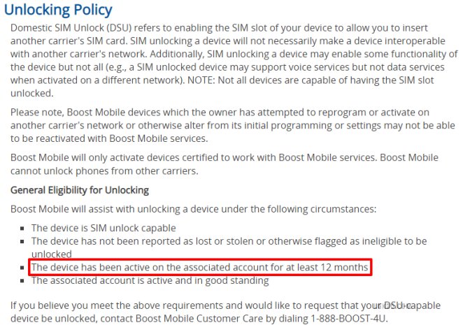Boost mobile device unlock policy s